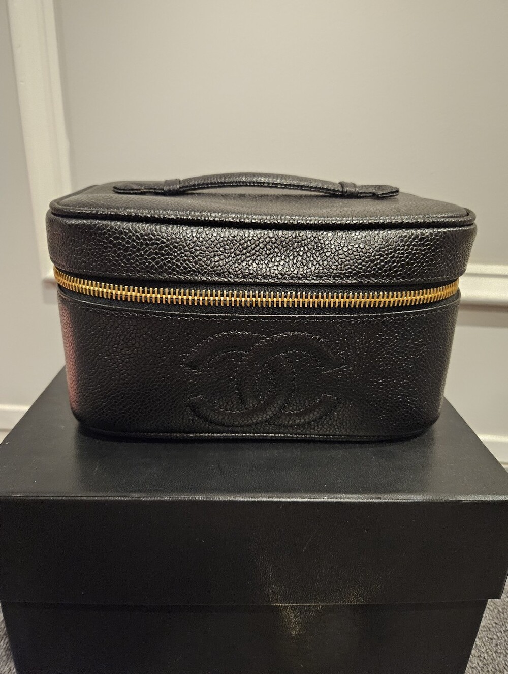 CHANEL Black Makeup Vanity Case with Gold Hardware. Comes With Box & Ribbon